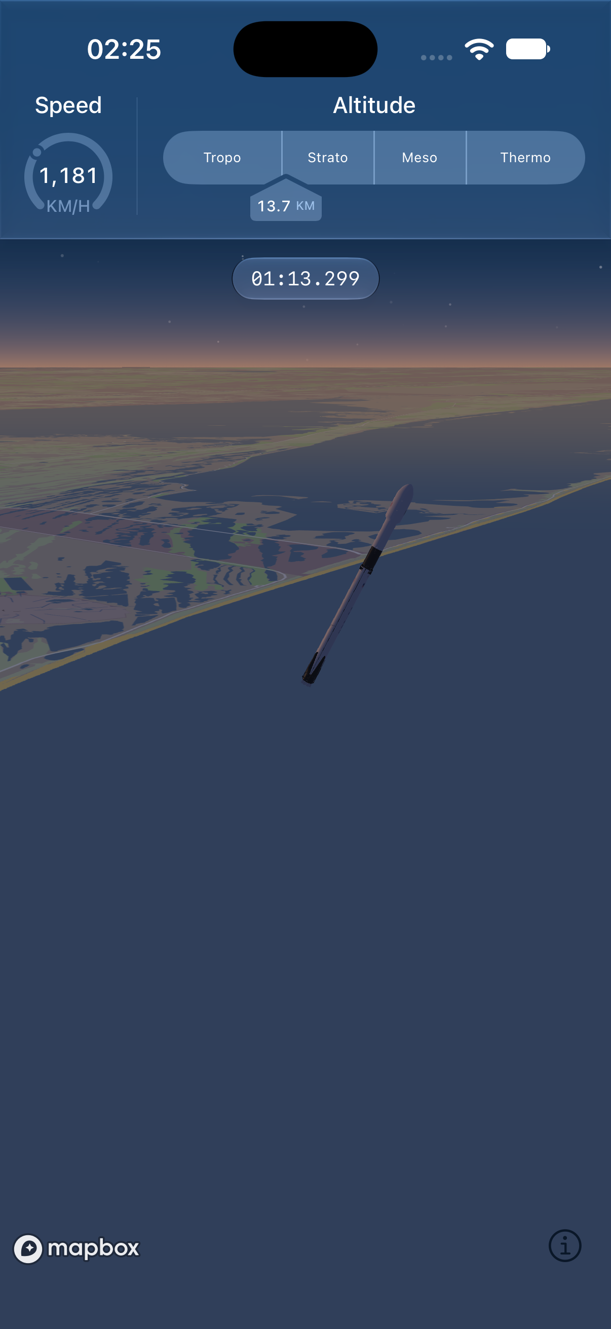 Astro launch simulation showing a rocket above the map with speed and altitude.